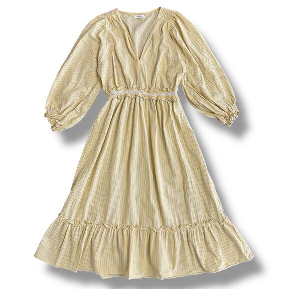 Max Studio Dresses & Skirts - Max Studio Yellow Striped‎ Cotton Smocked Midi Dress Size S Peasant Cottagecore
